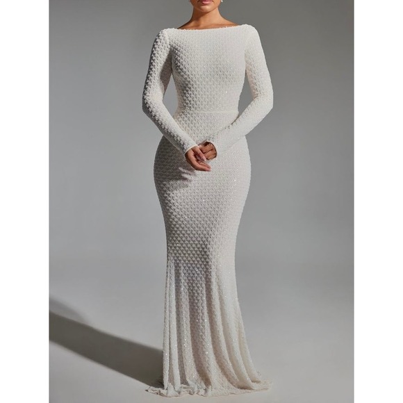 Oh Polly Dresses & Skirts - Oh Polly Ivory Long-Sleeve Beaded Maxi Dress